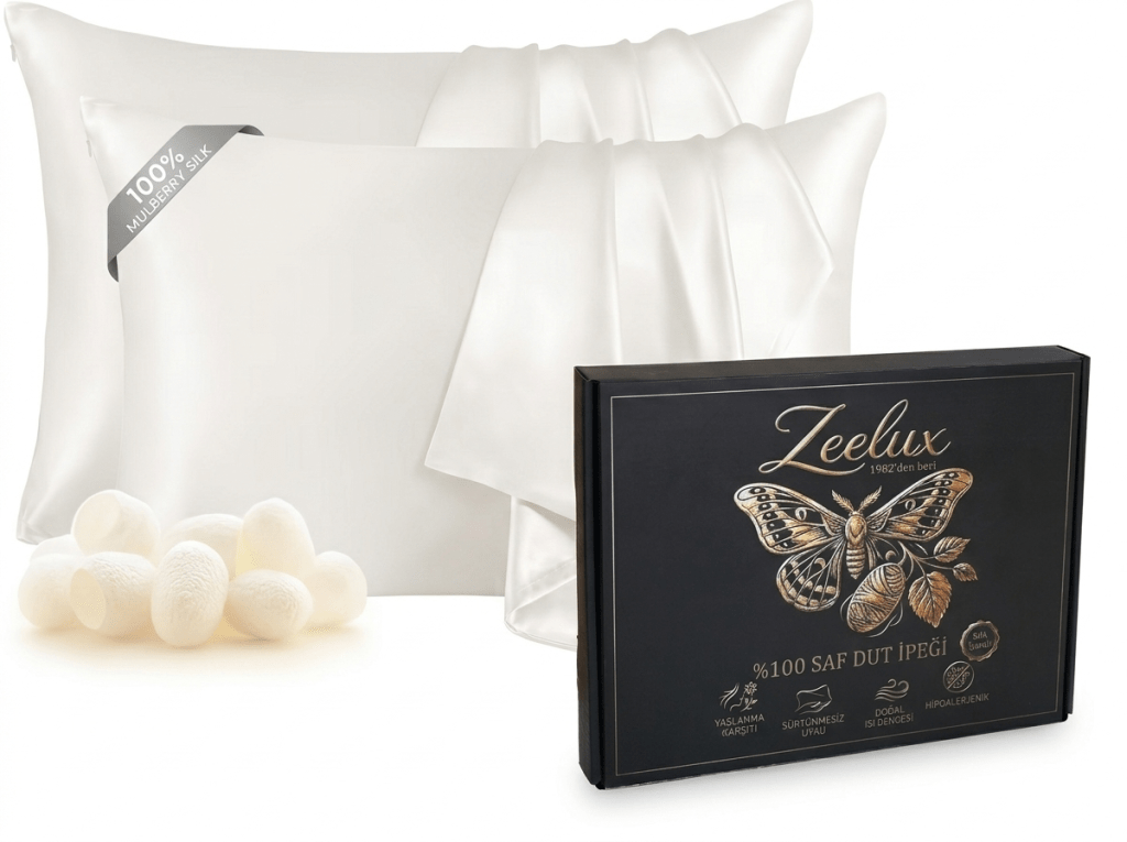 A set of two white mulberry silk pillowcases, with a box featuring the brand name 'Zeelux' and a decorative butterfly design.